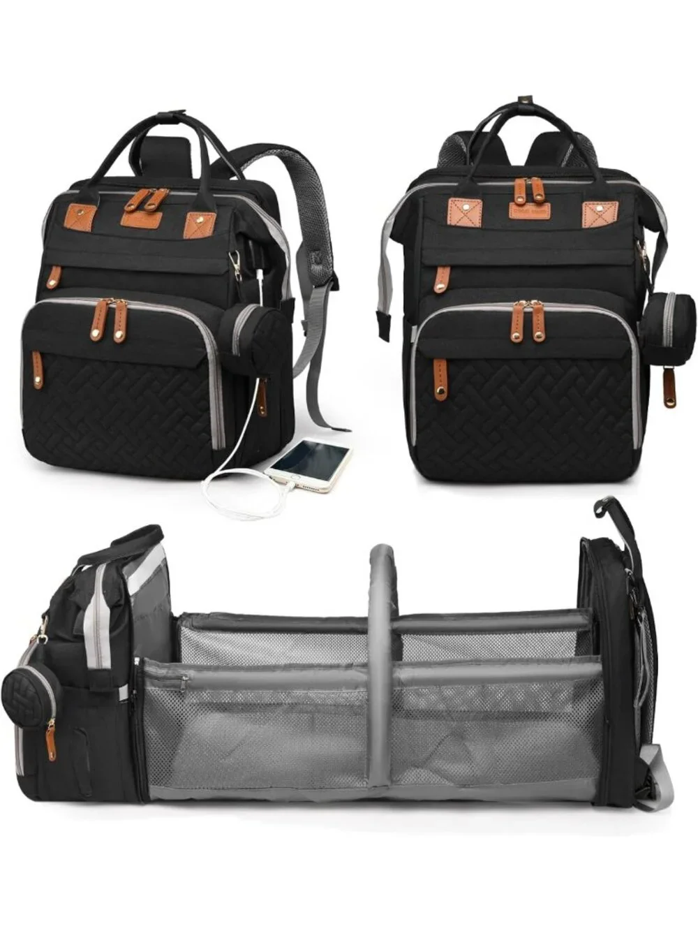 Stylish Waterproof Diaper Bag Backpack with Changing Station & USB Port, Large